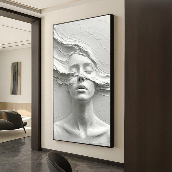 White Plaster Relief Woman Face Minimalist Sculpture Art Poster