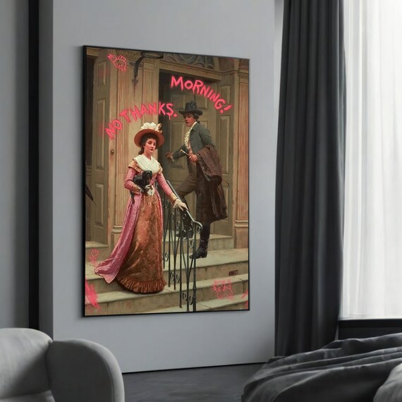 No Thanks Morning Classical Painting Pink Graffiti Humorous Wall Art