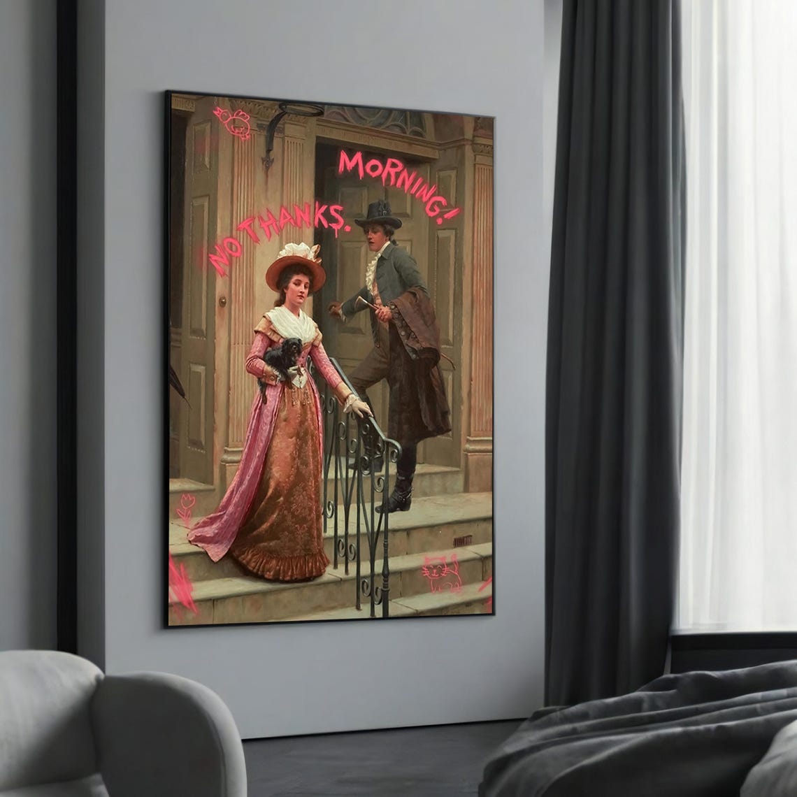 No Thanks Morning Classical Painting Pink Graffiti Humorous Wall Art