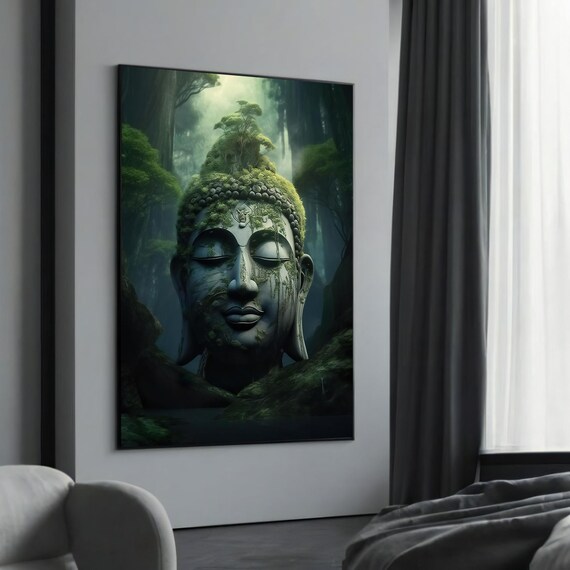 Moss Covered Ancient Buddha Head in a Misty Forest Tranquil Poster