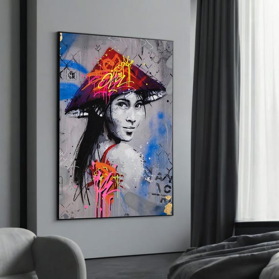 Graffiti Style Asian Woman Canvas Painting Gift Vibrant Street Art For Modern And Urban Decor