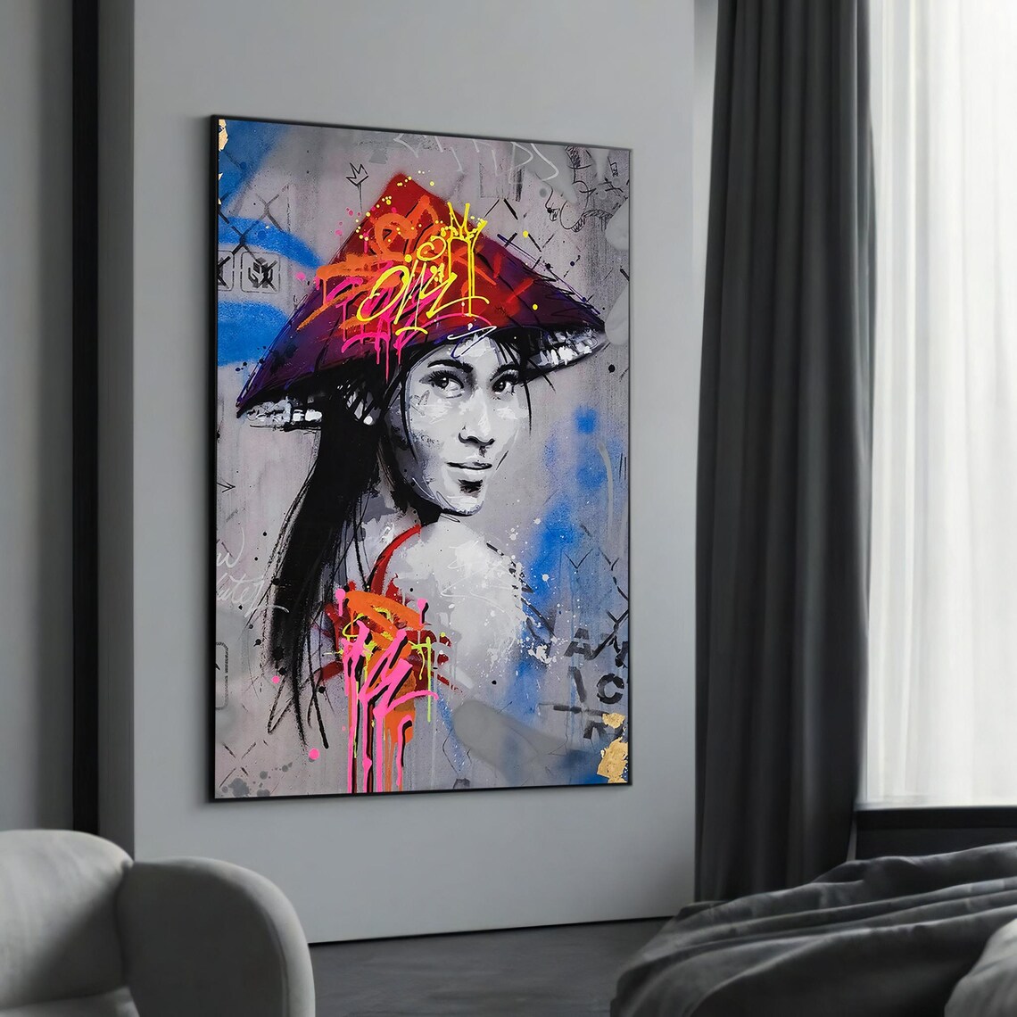 Asian Woman in Graffiti Conical Hat Neon Street Art Portrait Poster