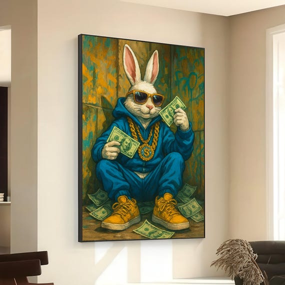 Cool Bunny With Money Canvas Wall Art Urban Street Style Rabbit Hip Hop Animal Illustration Fun Contemporary Home Decoration