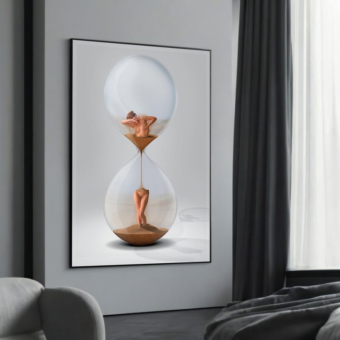 Surreal Woman Dissolving In Hourglass Minimalist Time Art Print