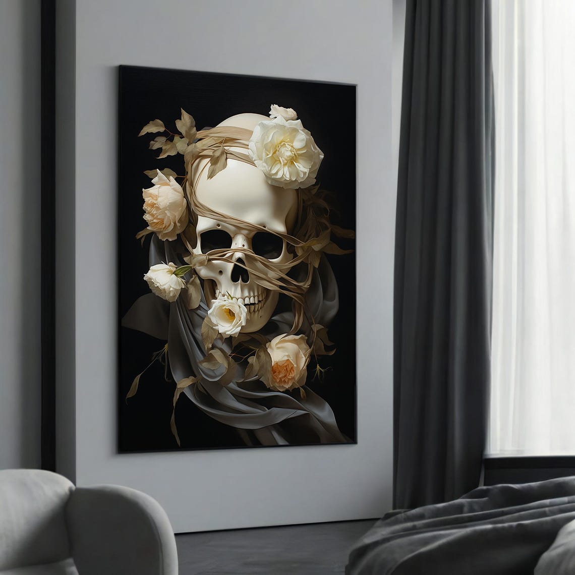 Elegant Skull with White Roses and Draped Fabric Dark Floral Poster