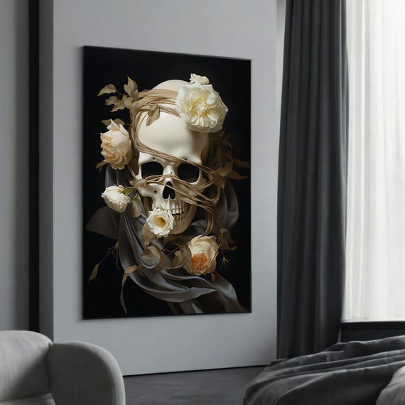 Skull And Roses Canvas Painting Gift Elegantly Dark Floral Art For Sophisticated Home Decor