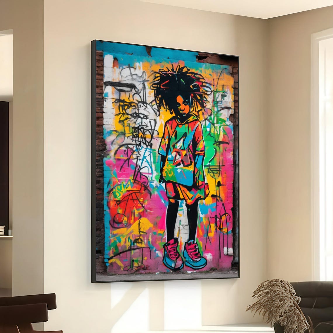 Curly Hair Girl Graffiti Wall Bright Pop Art Portrait Canvas Poster