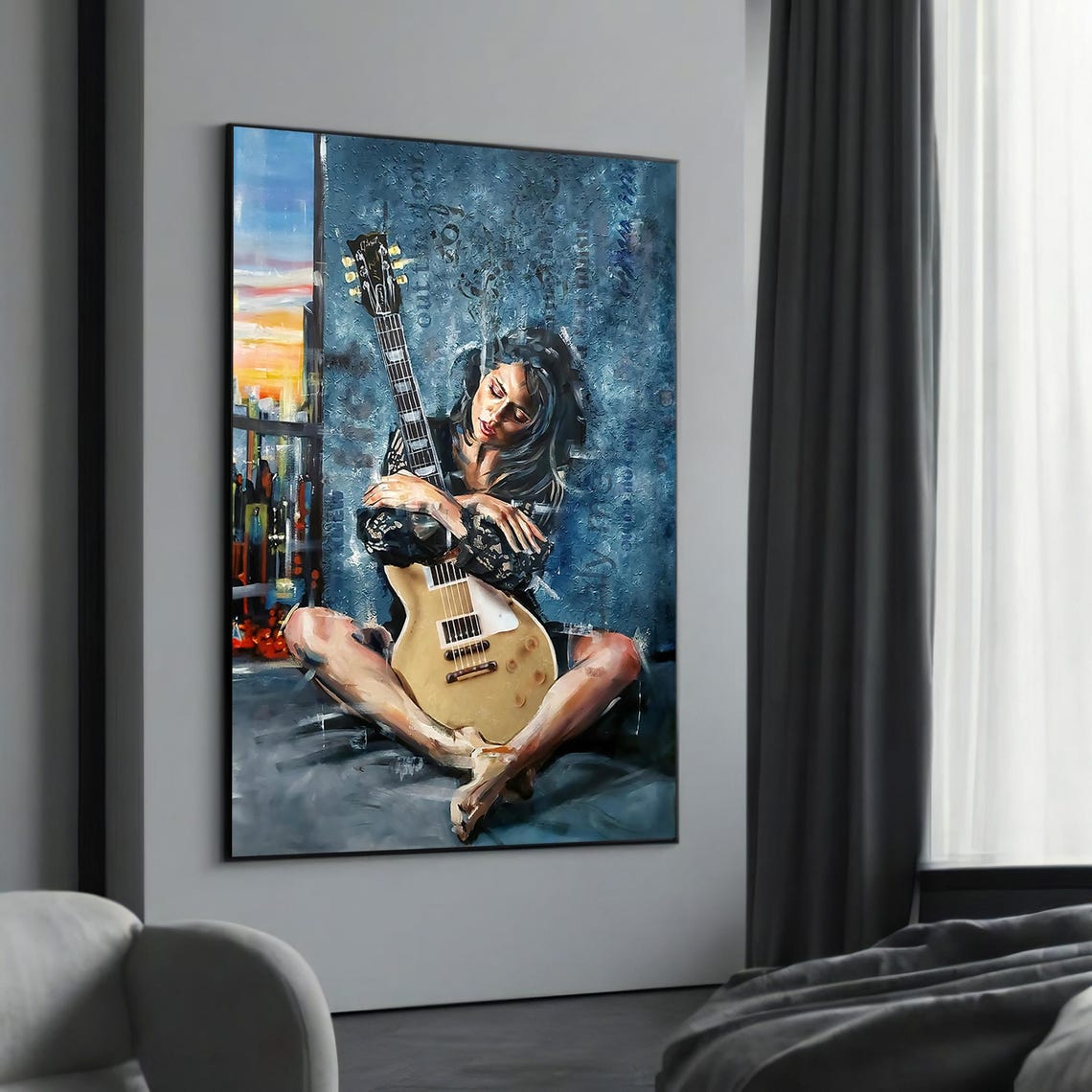 Contemplative Female Guitarist Blue Window Emotional Art Poster