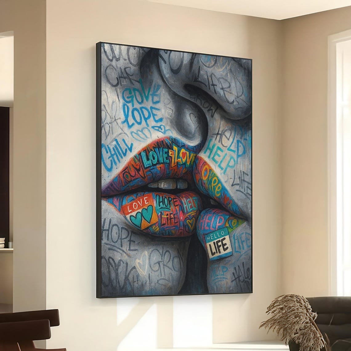 Graffiti Typography Love Hope Life Lips Colorful Modern Wall Art