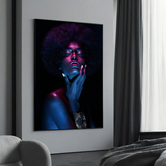 Afro Woman Neon Pink Blue Light Moody Portrait Modern Poster