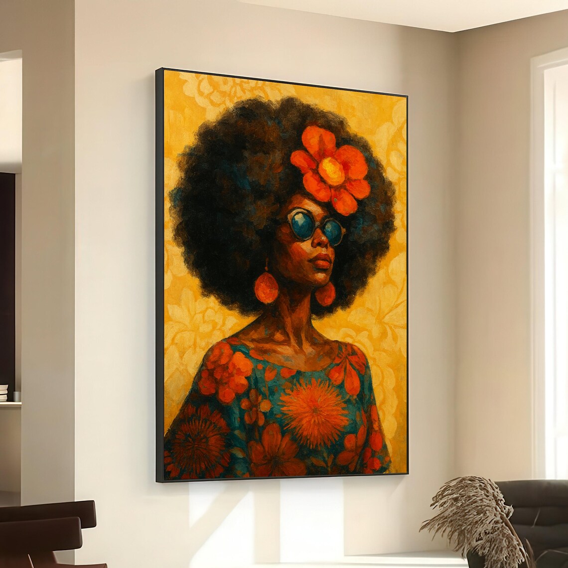 Afro Woman Portrait Floral Dress Blue Sunglasses Retro Poster