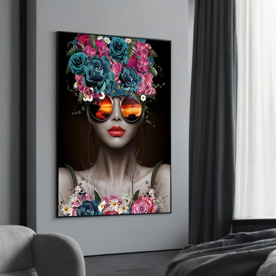 Floral Fashion Sunset Canvas Art Bold Surreal Portrait Modern Wall Decor Colorful Flower Headdress Ready To Hang