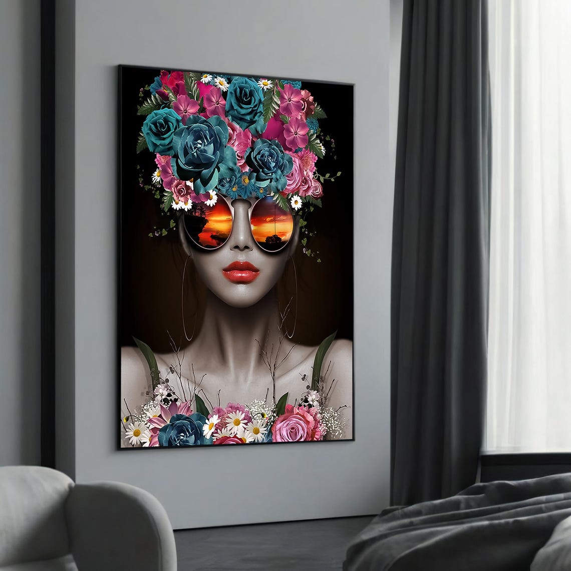 Floral Crown Sunset Sunglasses Vibrant Surreal Woman Art Poster