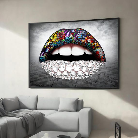 Graffiti Lips With Diamonds Canvas Painting Bold And Dazzling Street Art For Modern Home Or Office Decoration