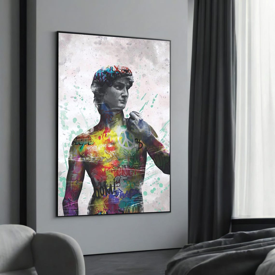 Michelangelo David Statue Covered in Colorful Graffiti Art Poster