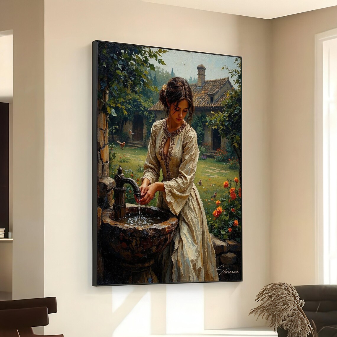 Woman At Vintage Garden Fountain Cottage Scene Classic Art Poster