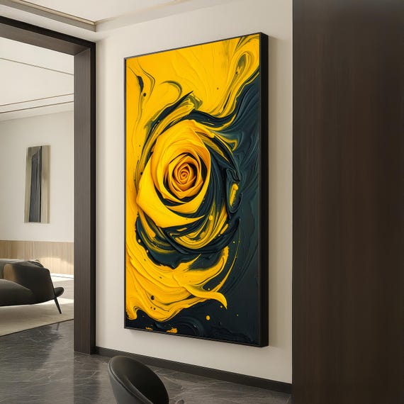 Yellow Rose Abstract Canvas Wall Art Bold Floral Swirl Painting In And Black Modern Vibrant Botanical Print For Home Decor