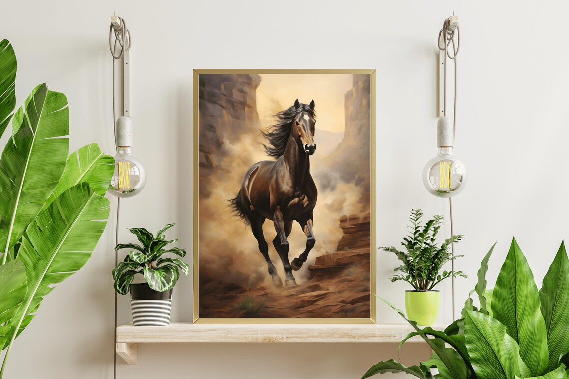 Wild Horse Galloping Desert Canyon Western Equine Oil Painting Print - Image 4