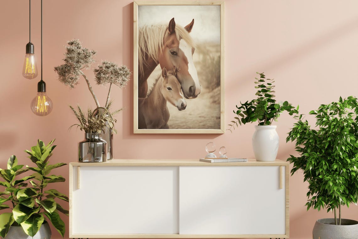Mare And Foal Tender Horse Portrait Vintage Rustic Wall Art Poster - Image 2