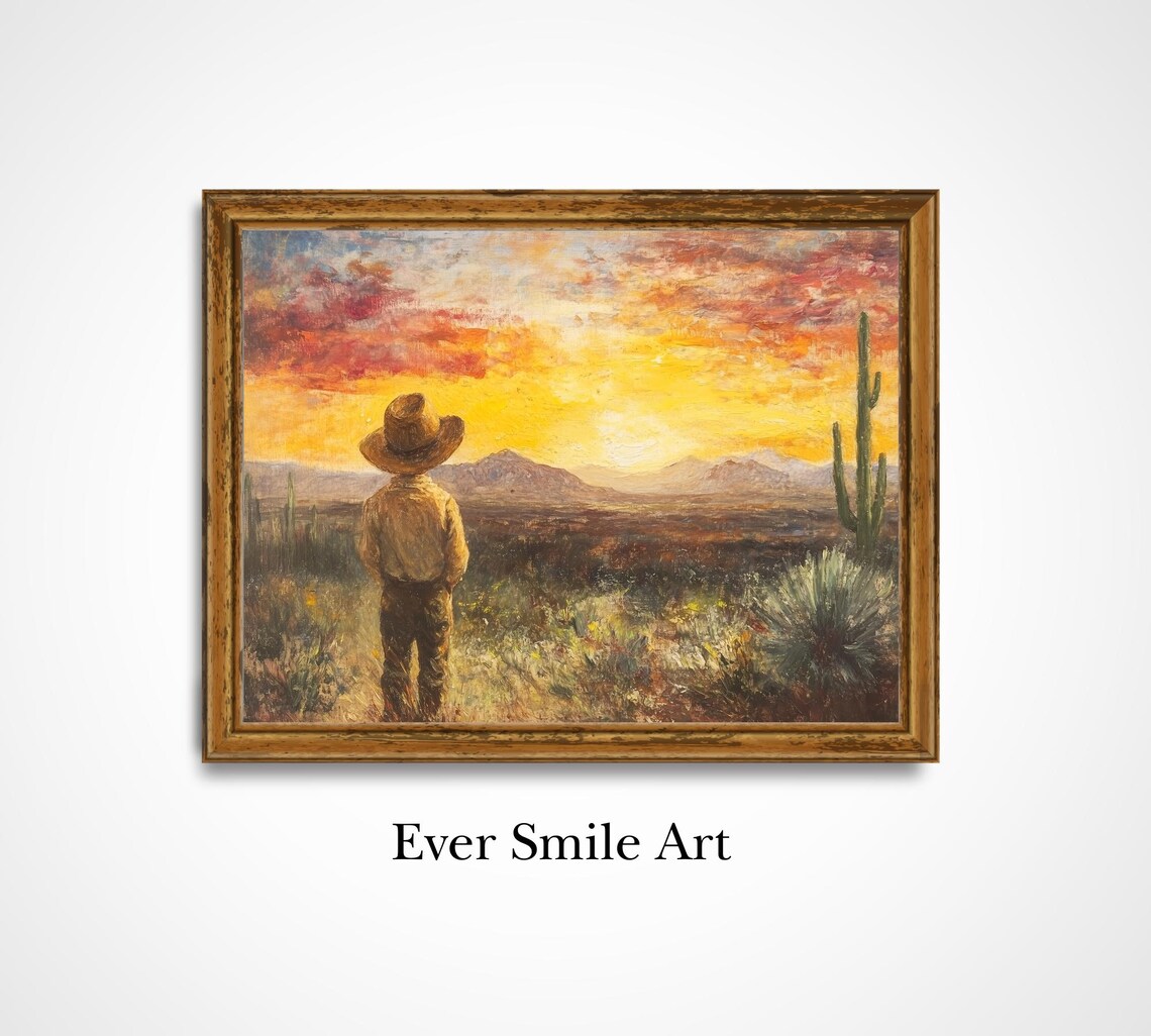 Little Cowboy At Desert Sunset With Saguaro Cactus Western Art Poster