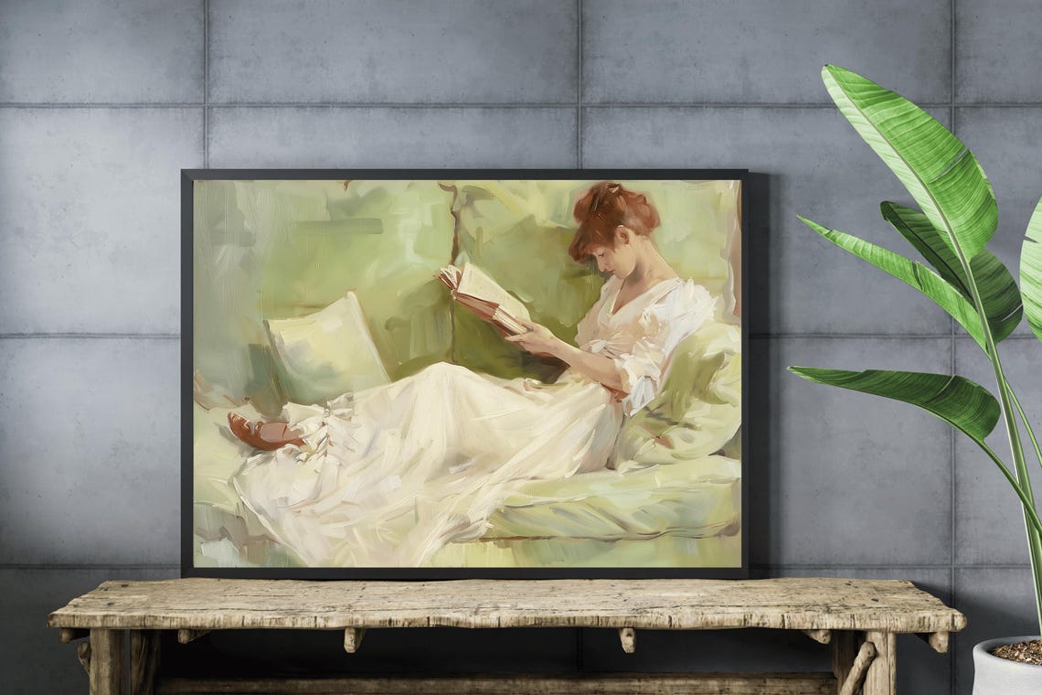 Woman Reading Book On Chaise Vintage Light Academia Wall Art Poster - Image 4