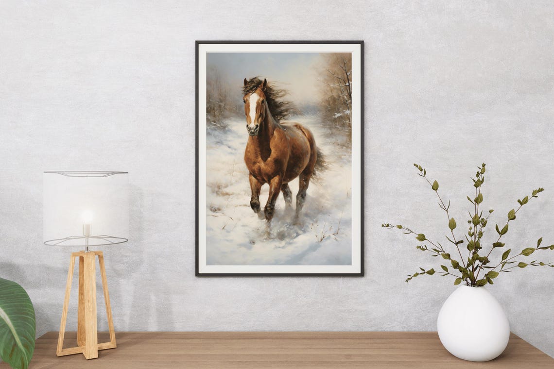 Chestnut Brown Horse Galloping Snow Winter Scene Equestrian Art Poster - Image 5