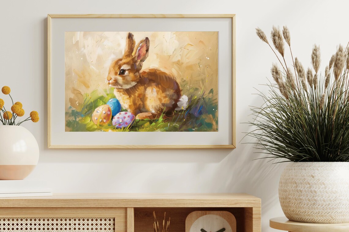 Brown Easter Bunny With Painted Eggs Vintage Spring Farmhouse Art Poster - Image 2