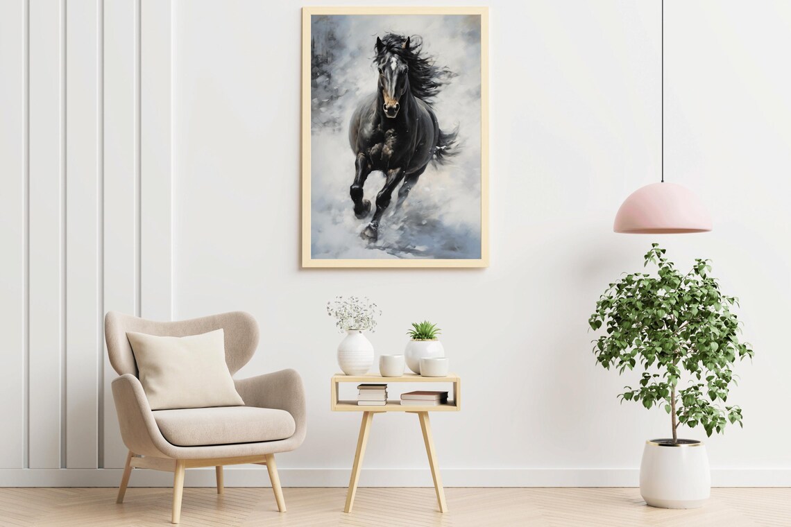 Black Horse Galloping Through Mist Dramatic Equine Oil Painting Print - Image 2