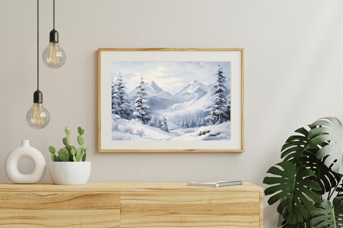 Snowy Mountain Valley Frosted Pines Classic Winter Oil Painting Print - Image 5