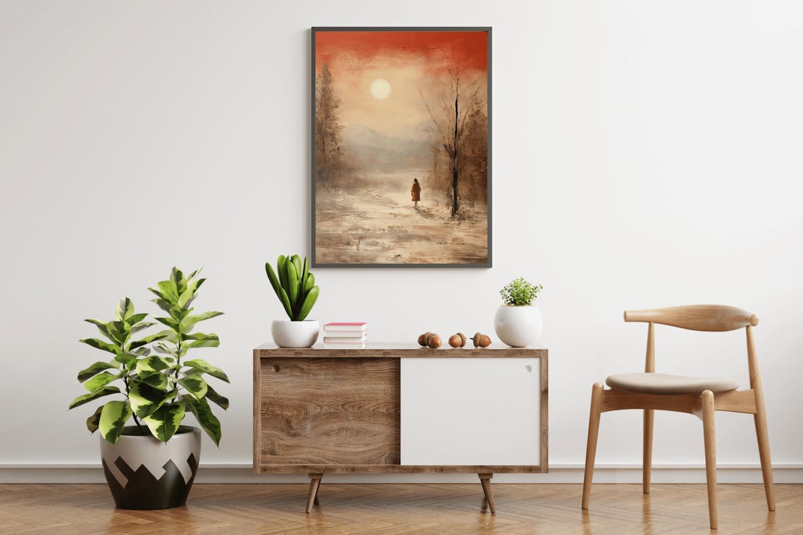 Lone Figure Red Coat Snowy Path Burnt Orange Sunset Winter Art Poster - Image 3