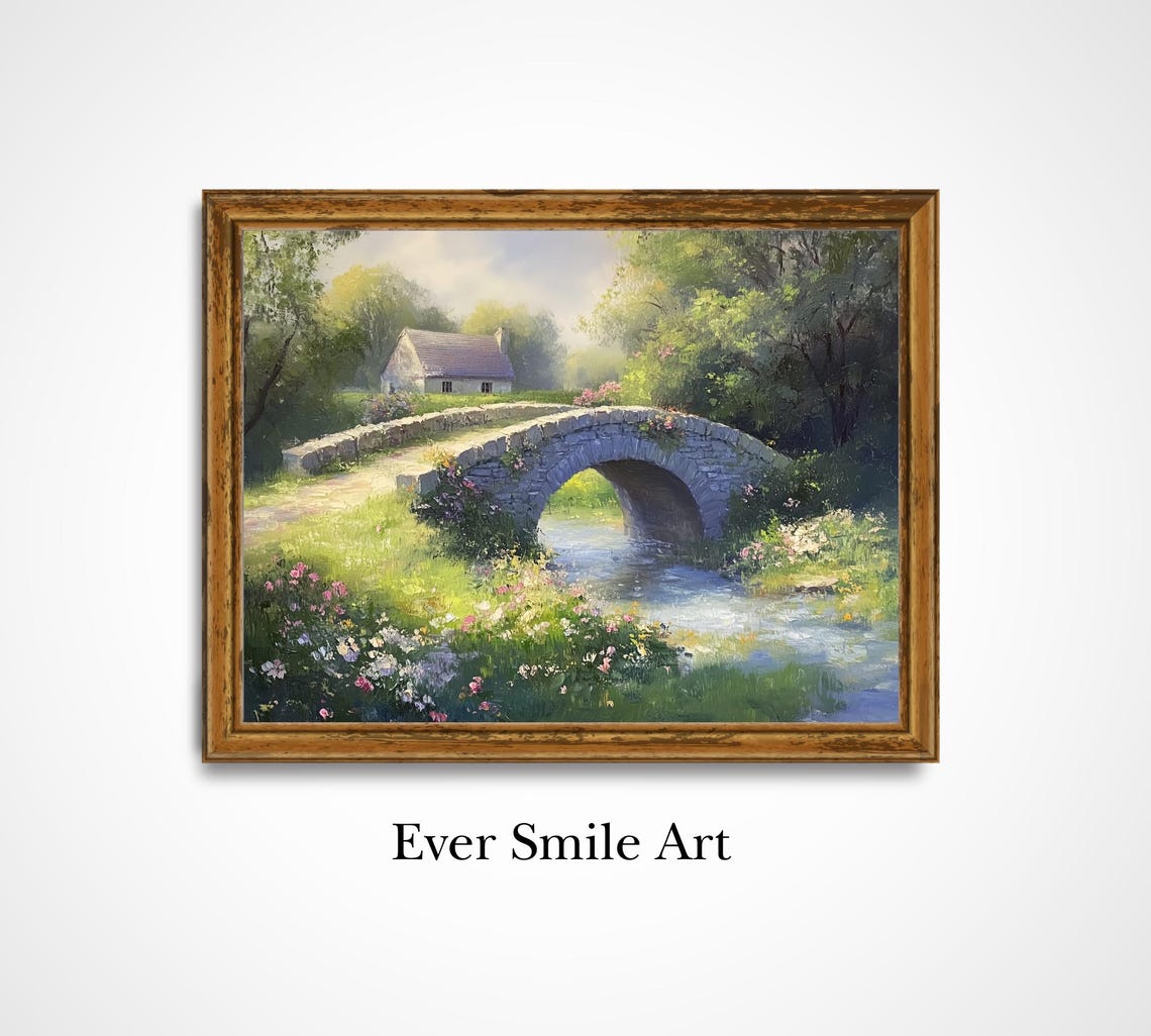 Old Stone Bridge Over Stream With Cottage Vintage Spring Poster