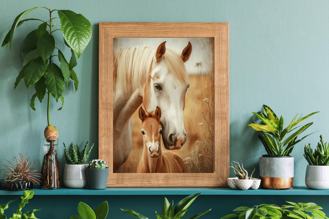 White Mare And Foal In Golden Field Vintage Horse Art Portrait Poster - Image 4