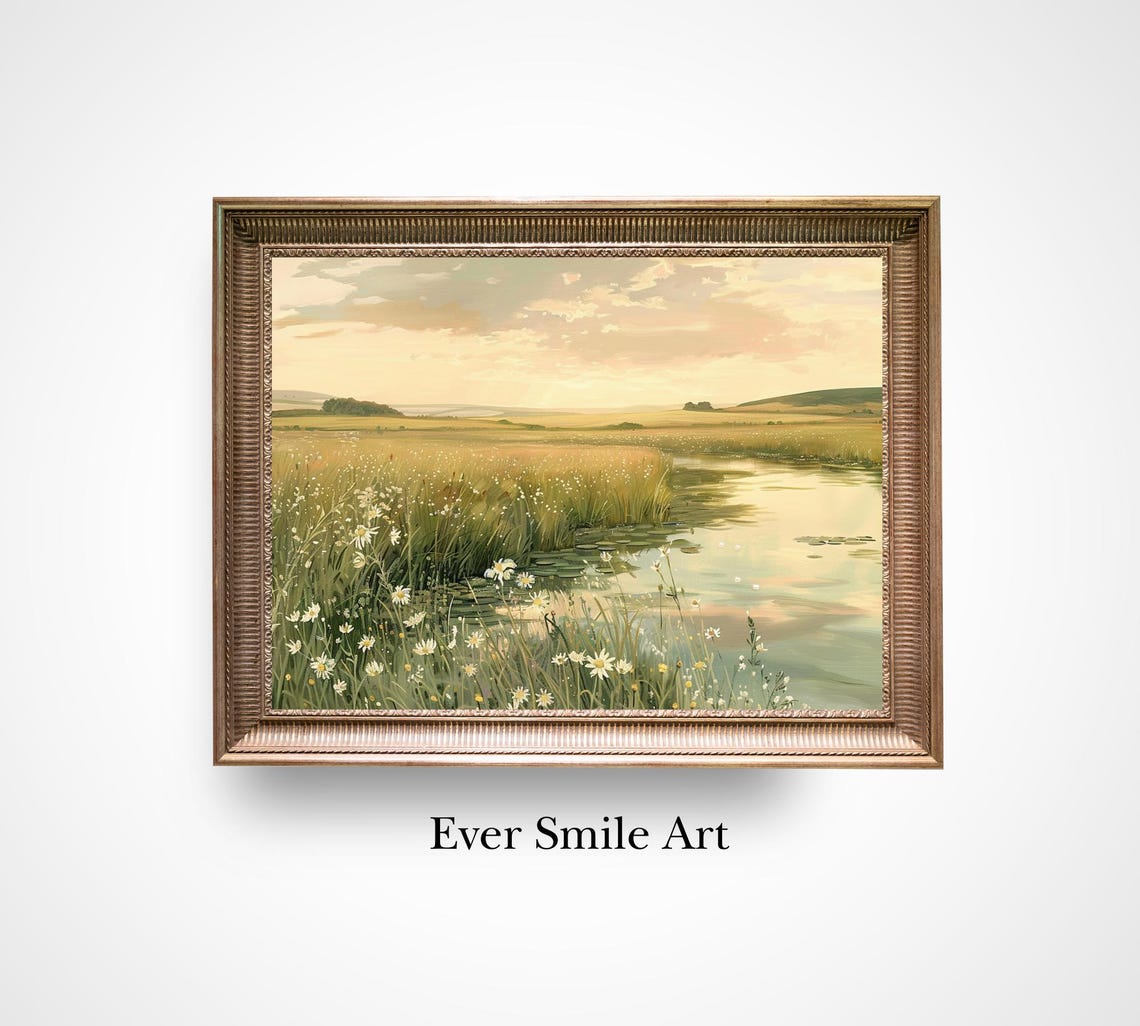 Wildflowers River Bend Golden Evening Light Serene Nature Art Poster