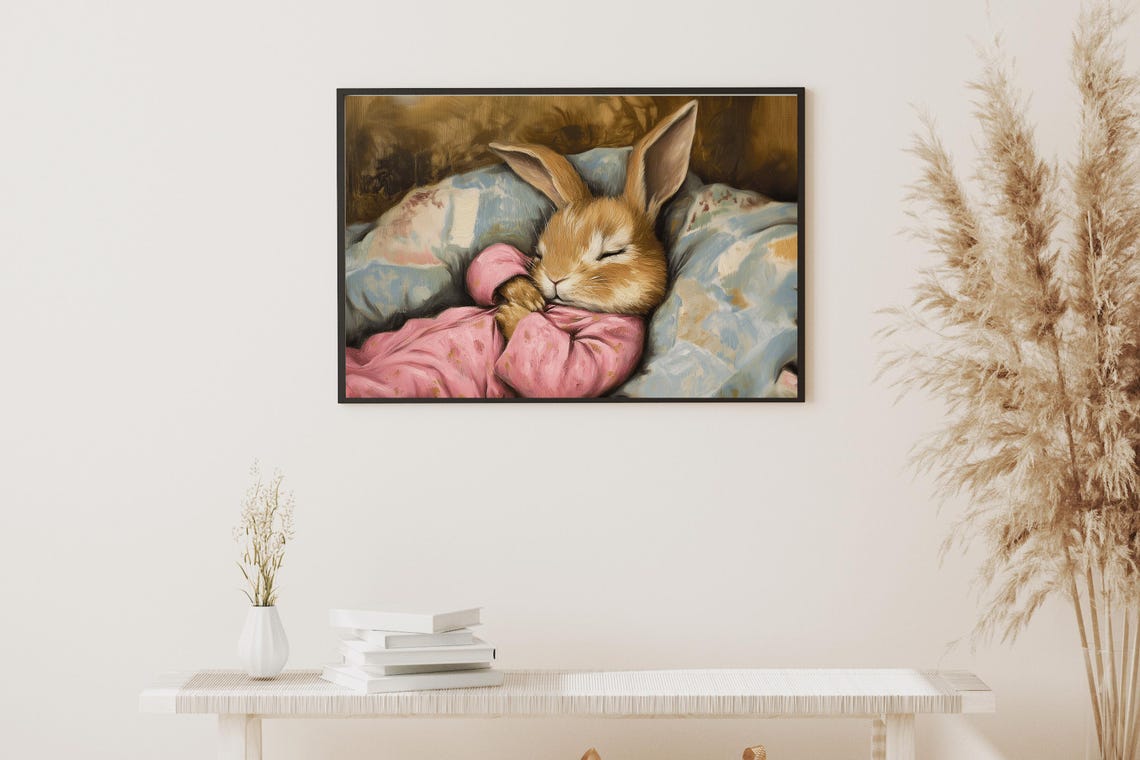 Sleeping Bunny In Pink Pajamas Cozy Vintage Nursery Wall Art Poster - Image 3
