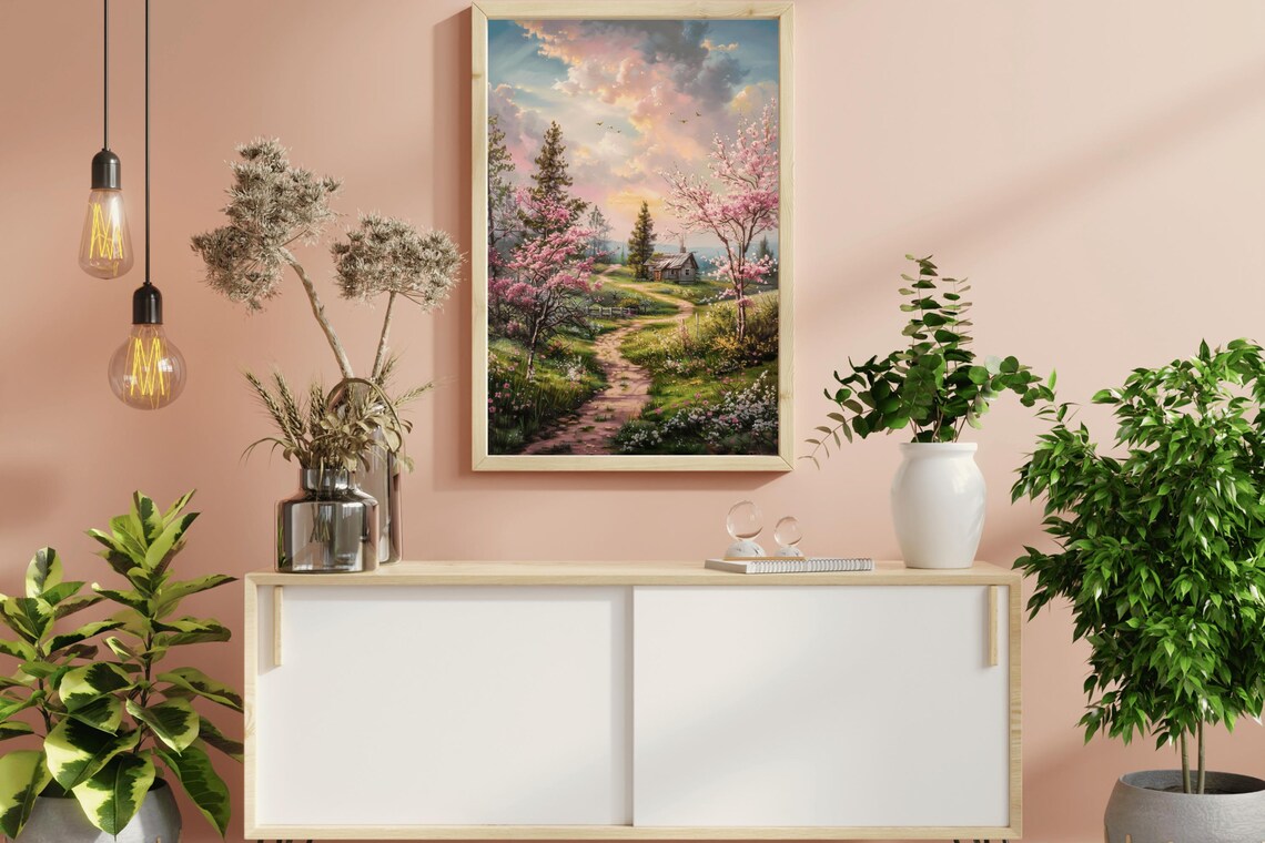 Blossom Path Rustic Cabin Pink Sunset Sky Spring Country Landscape Poster - Image 3