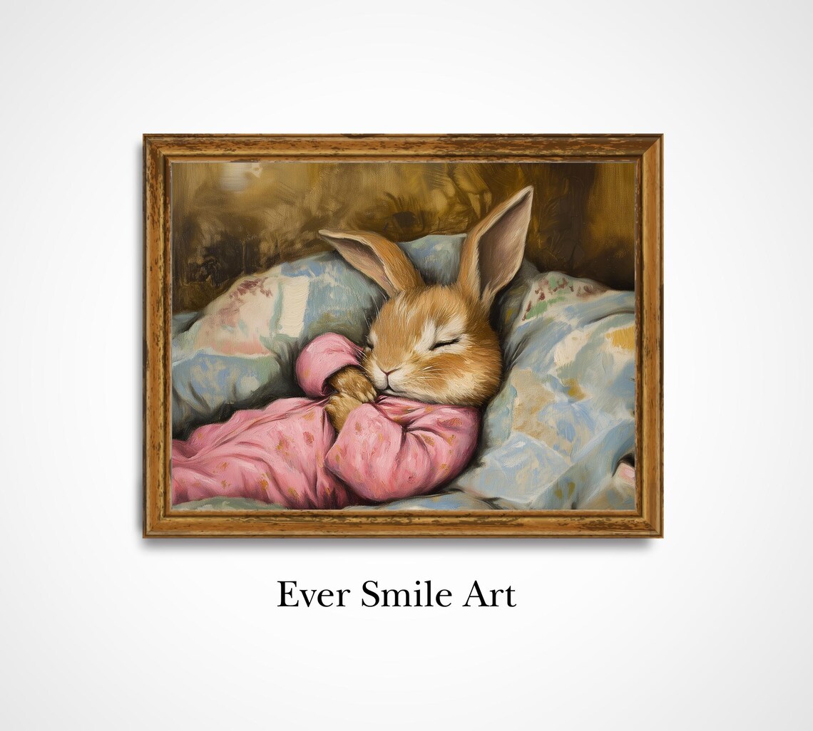 Sleeping Bunny In Pink Pajamas Cozy Vintage Nursery Wall Art Poster