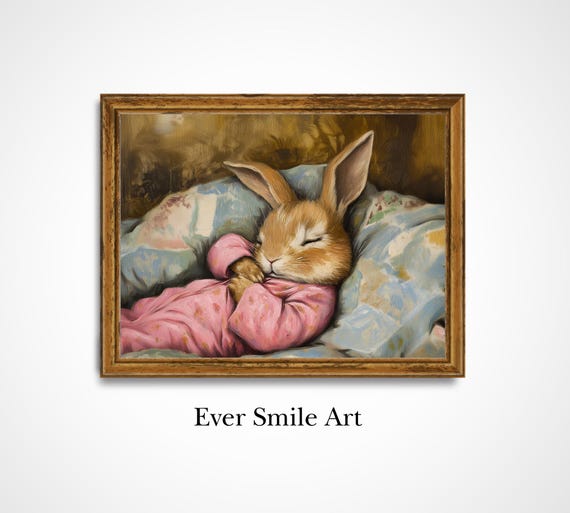 Cute Bunny In Pajamas Sleeping Wall Art For Kids Room Decor Nursery Art Gift For Children And Baby Showers Art