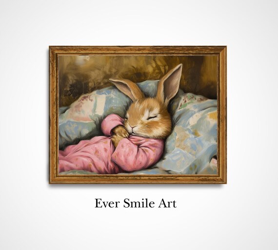 Sleeping Bunny In Pink Pajamas Cozy Vintage Nursery Wall Art Poster