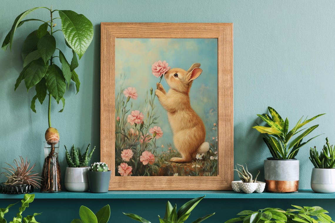 Bunny Smelling Pink Carnation Whimsical Vintage Rabbit Art Poster - Image 5