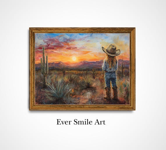Little Cowgirl Watching Sunset Art Vintage Western Scene Instant Gift For Baby Showers Birthdays Children Wall Art