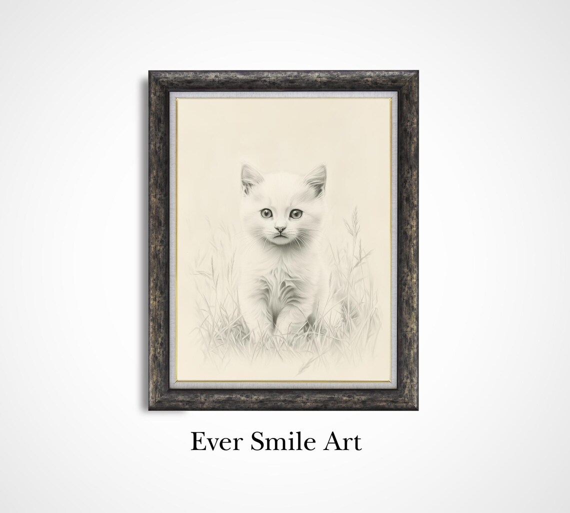 White Kitten Pencil Sketch Vintage Cat Drawing Nursery Wall Art Poster