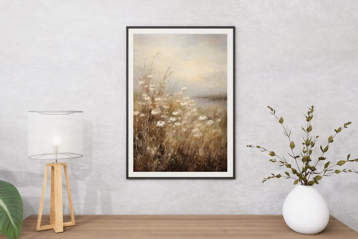 White Daisies Golden Grass Misty Shore Soft Neutral Floral Art Poster - Image 5