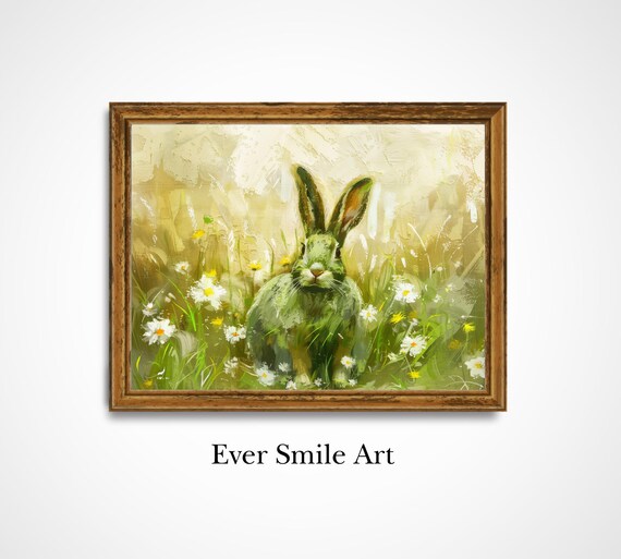 Green Bunny Among Daisies Vintage Spring Wildflower Rabbit Art Poster
