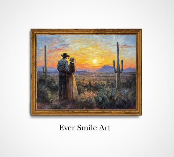 Cowboy And Cowgirl Watching Sunset Together Vintage Oil Painting Western Decor Rustic Wall Art Love Gift For Her And Him