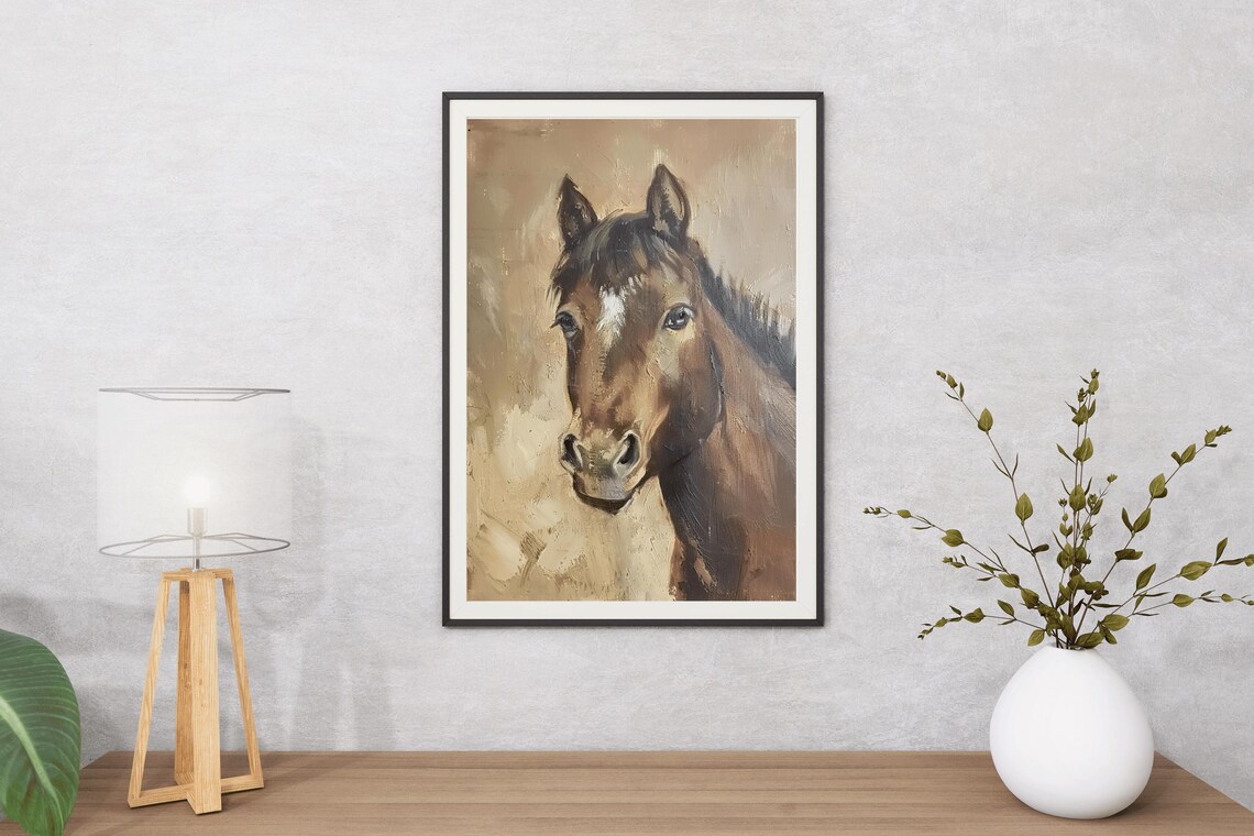 Brown Horse Portrait Close Up Gentle Eyes Vintage Equine Oil Painting - Image 5