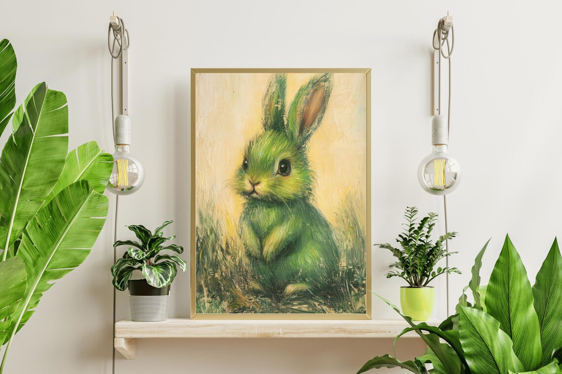 Green Bunny Whimsical Oil Painting Cute Nursery Animal Wall Art - Image 4