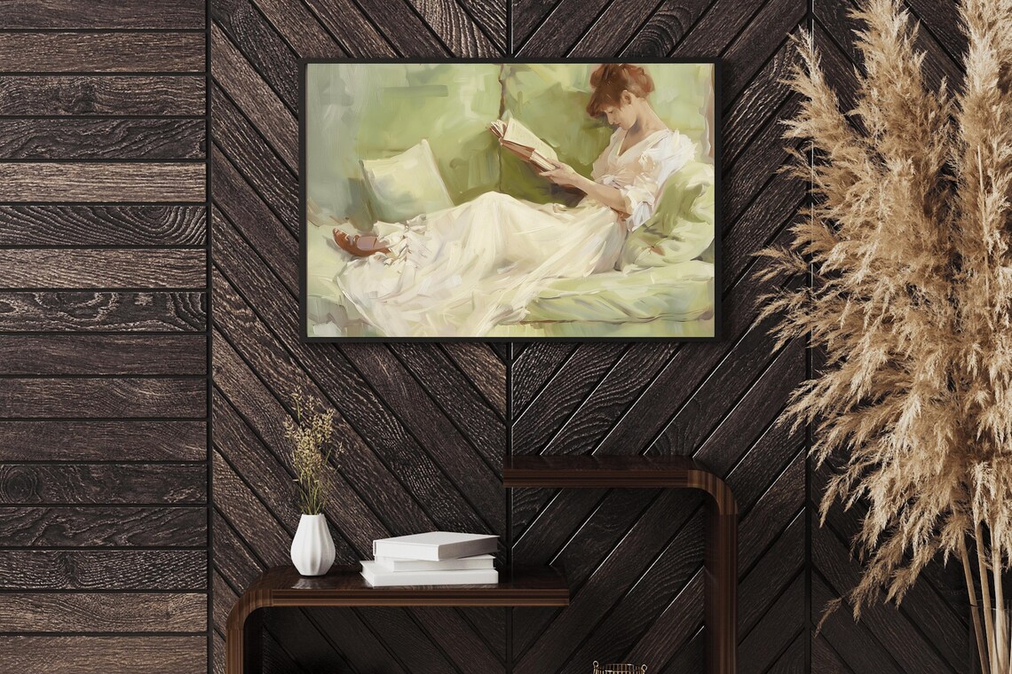 Woman Reading Book On Chaise Vintage Light Academia Wall Art Poster - Image 2