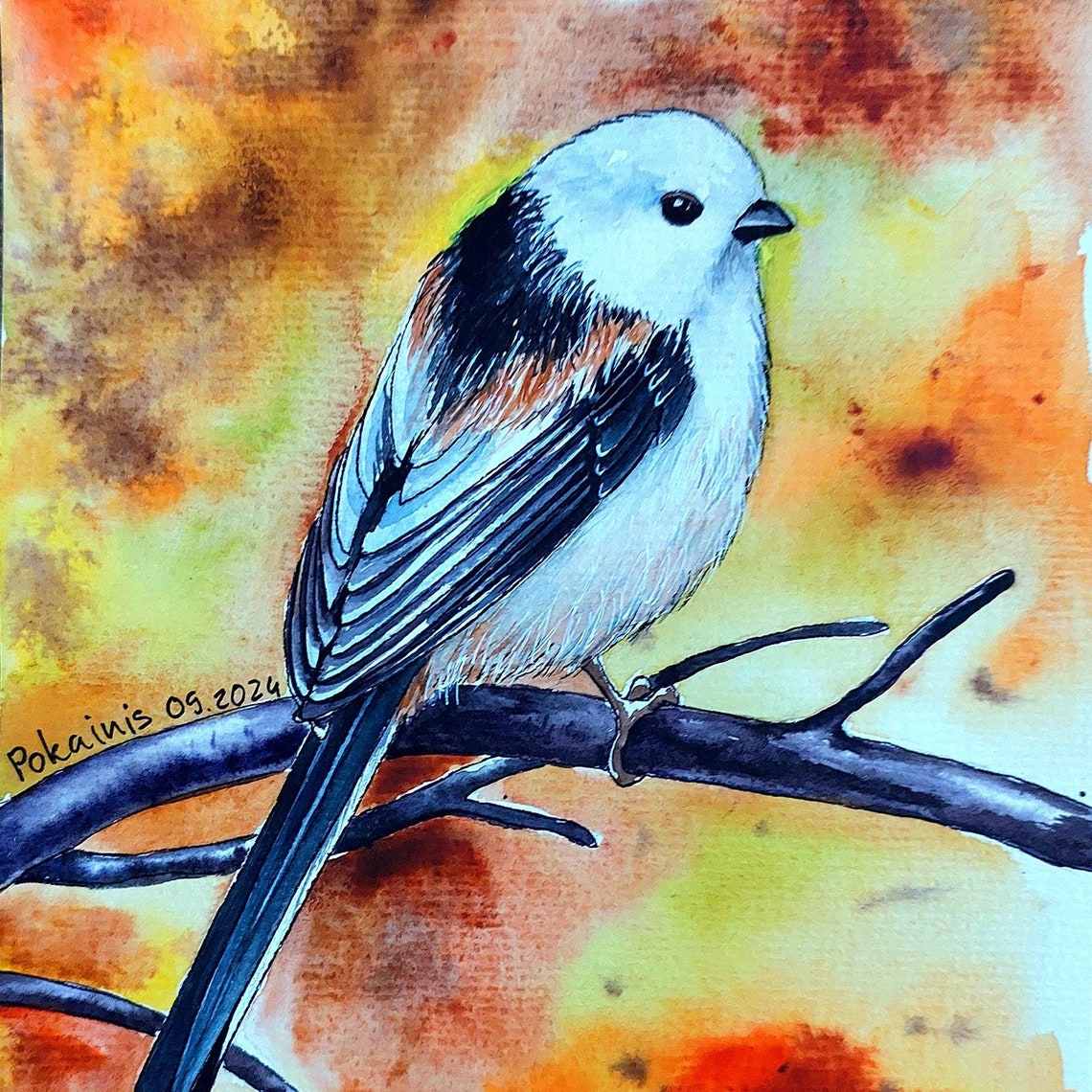 Long-Tailed Tit Bird on a Branch Watercolor Songbird Art Poster