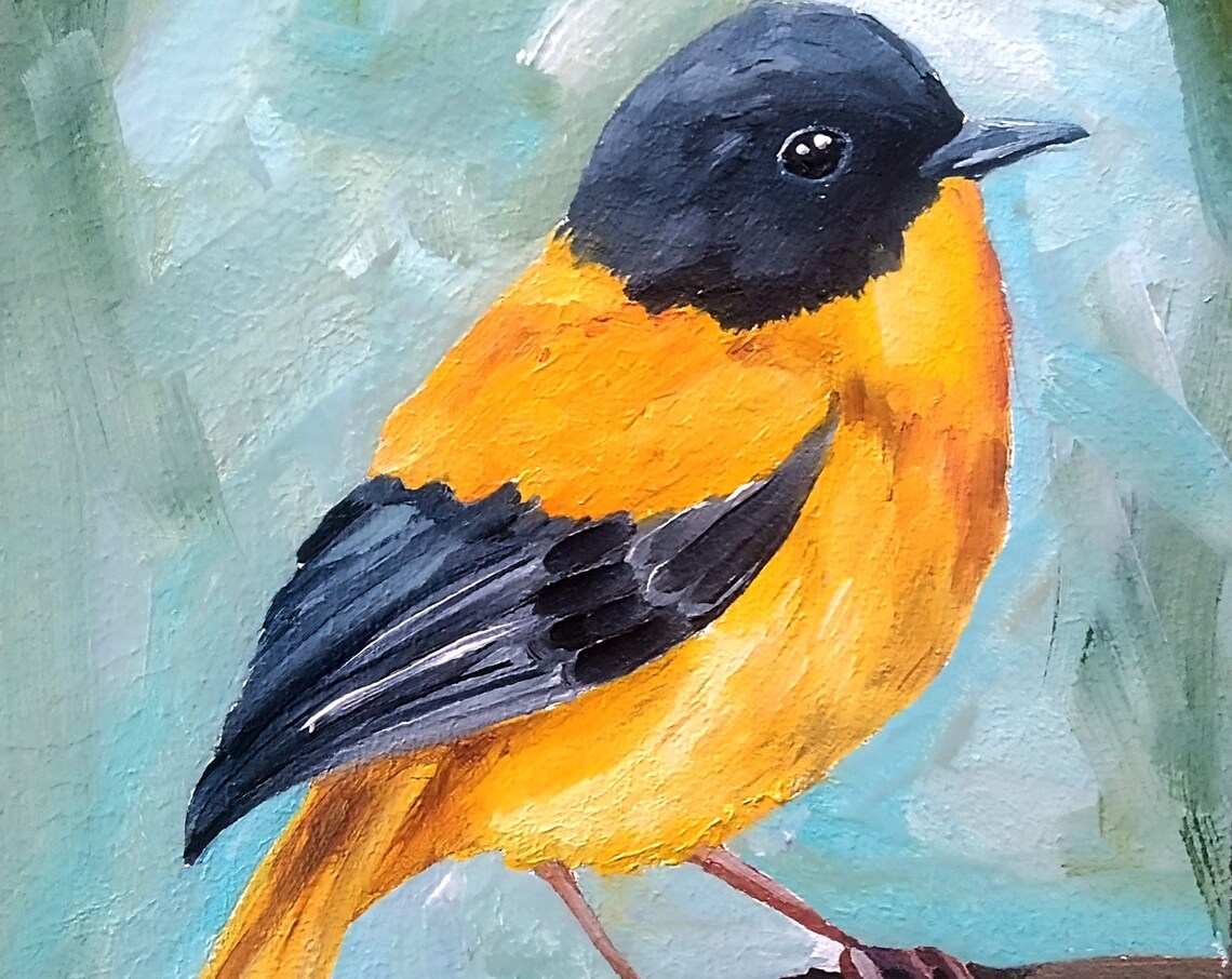Black Headed Orange Songbird in Tiny Oil Painting Bird Poster