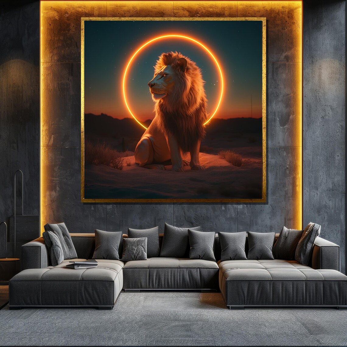 Lion Neon Halo Desert Dusk Bold Modern Wildlife Glow Wall Art